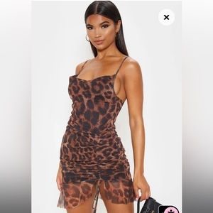 Brown Mesh Leopard Print Ruched Bodycon Dress